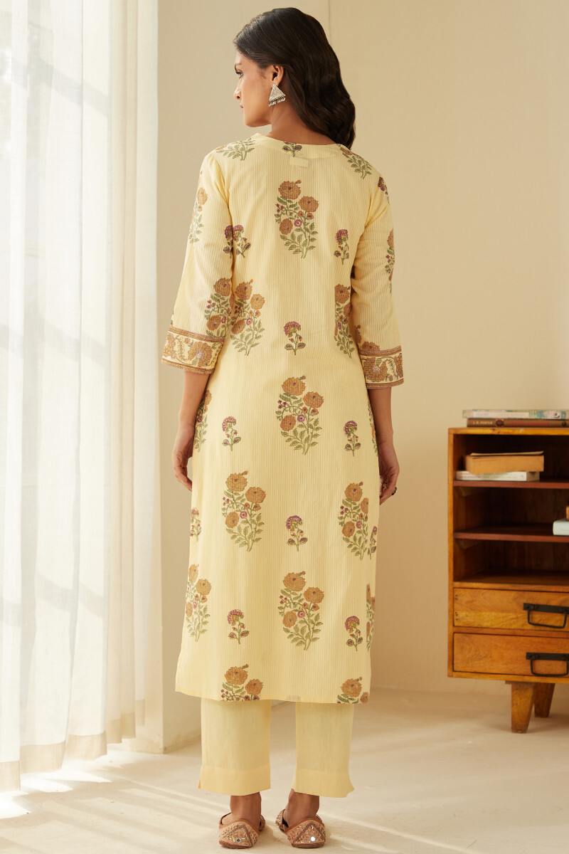 Beige Hand Block-Printed Straight Cotton Dobby Kurta
