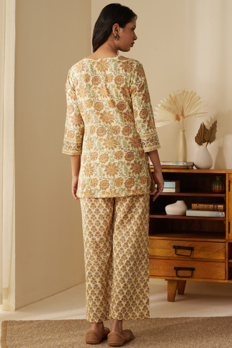 Beige Hand Block-Printed Cotton Dobby Loungewear Set