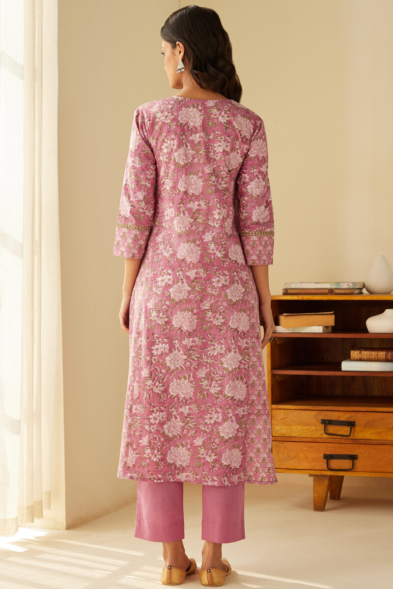 Pink Hand Block-Printed Straight Cotton Kurta