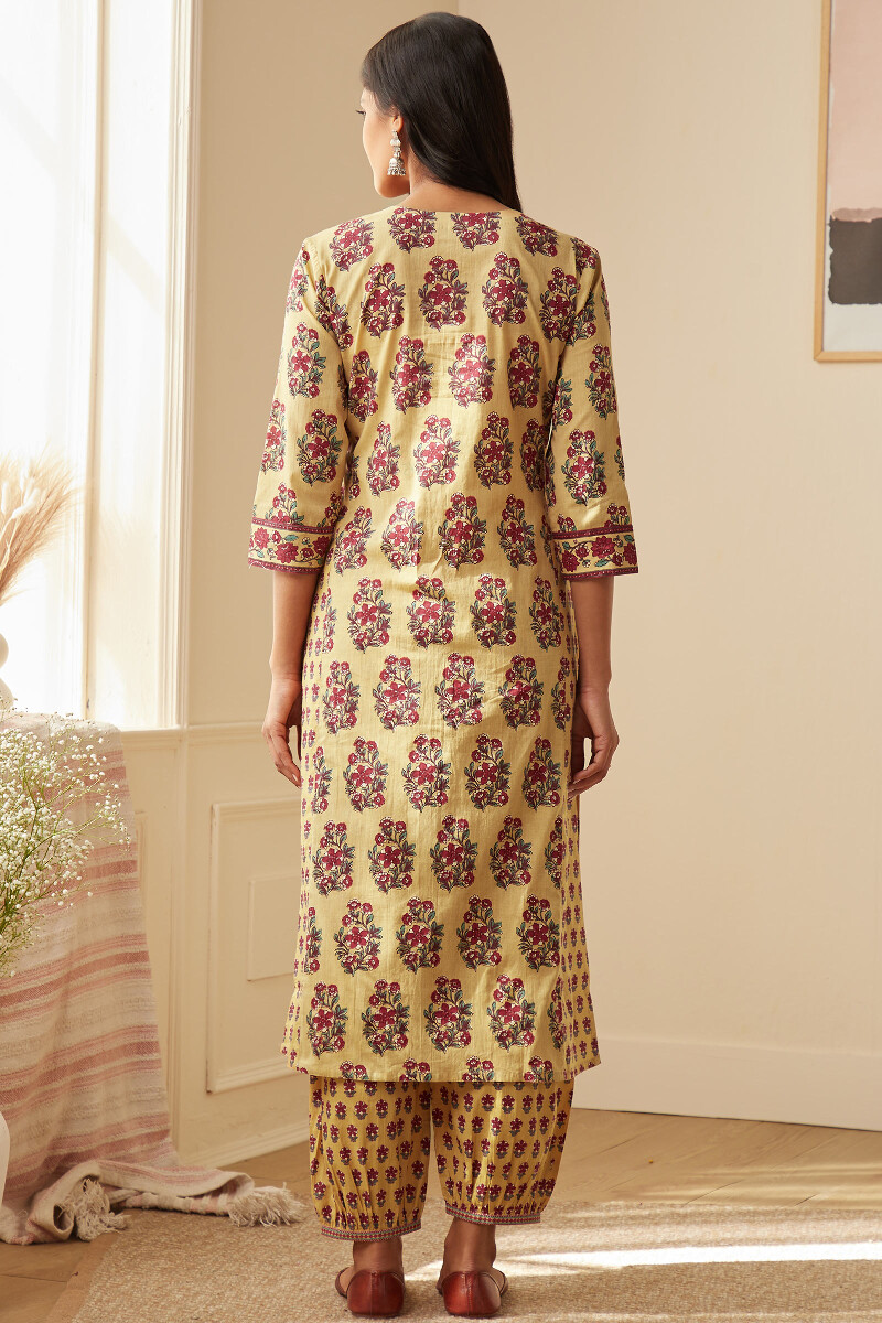 Yellow Hand-Printed Straight Cotton Kurta