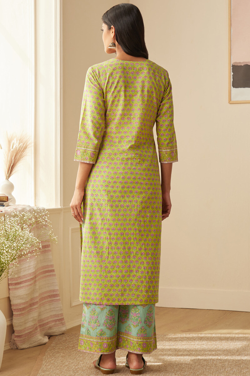 Yellow Hand Block-Printed Straight Cotton Kurta
