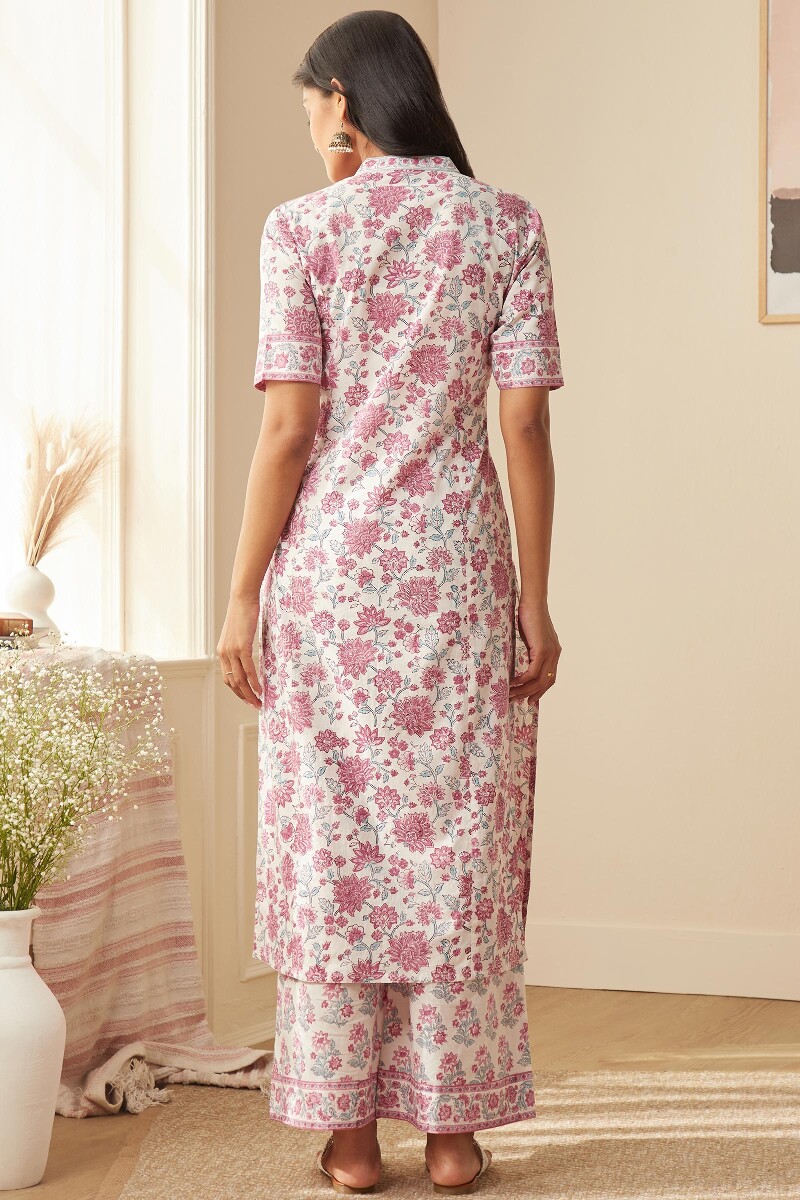 White Hand Block-Printed Straight Cotton Kurta