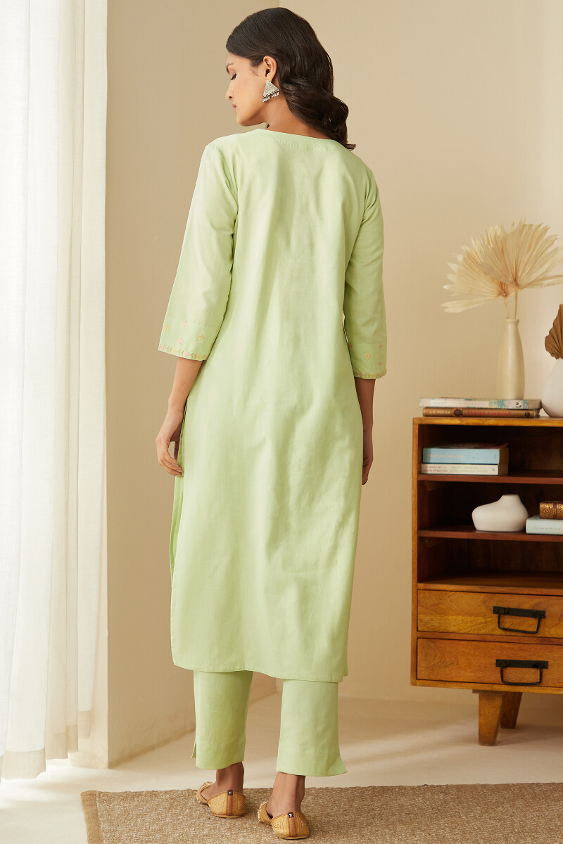 Green Handcrafted Straight Cotton Flax Kurta