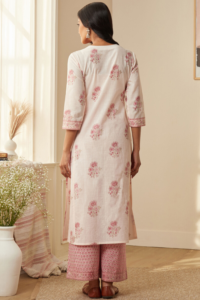 Pink Hand Block-Printed Straight Cotton Slub Kurta