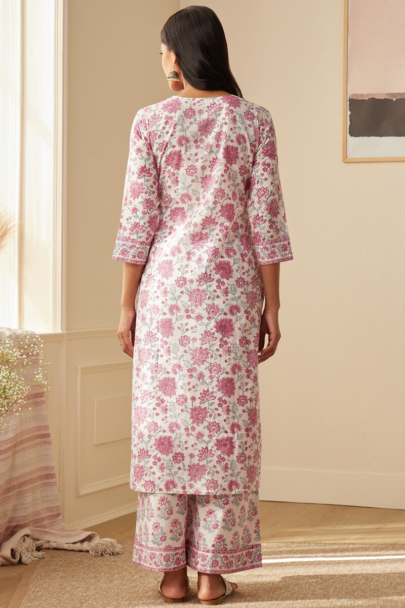 White Hand Block-Printed Straight Cotton Kurta