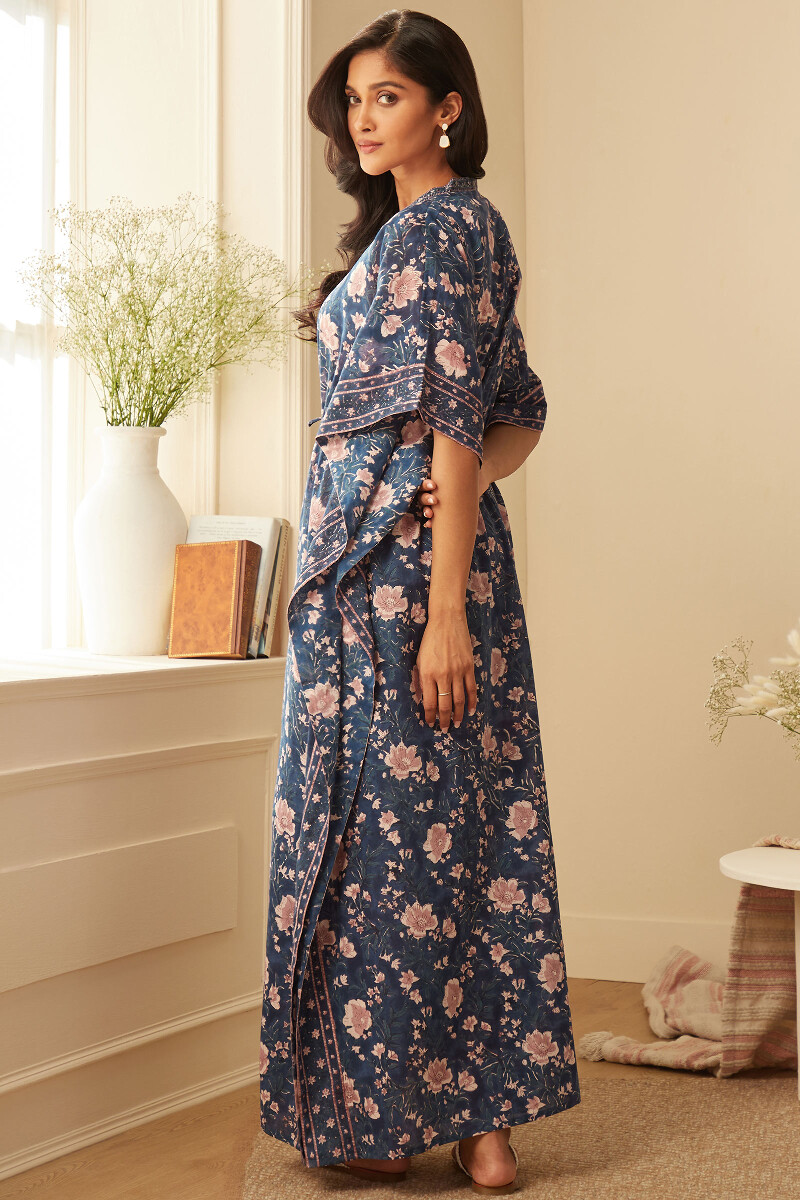 Blue Hand Block-Printed Cotton Mul Kaftan