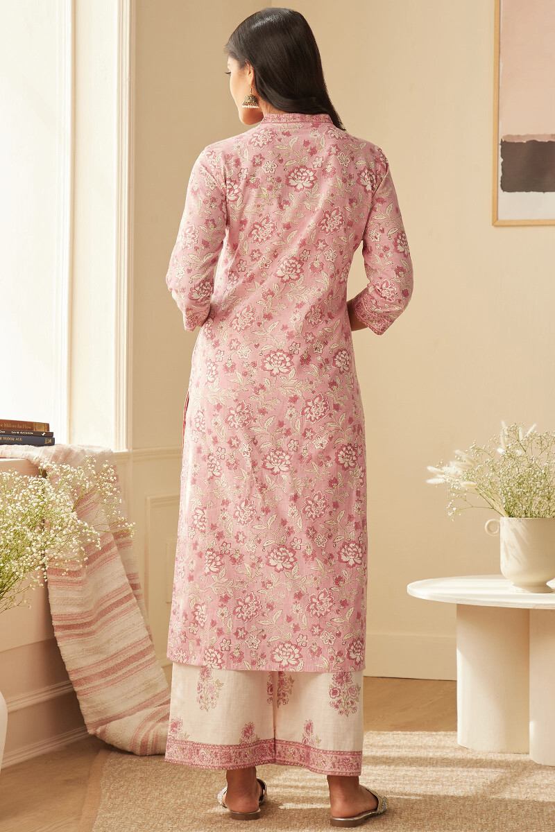 Pink Hand Block-Printed Straight Cotton Slub Kurta