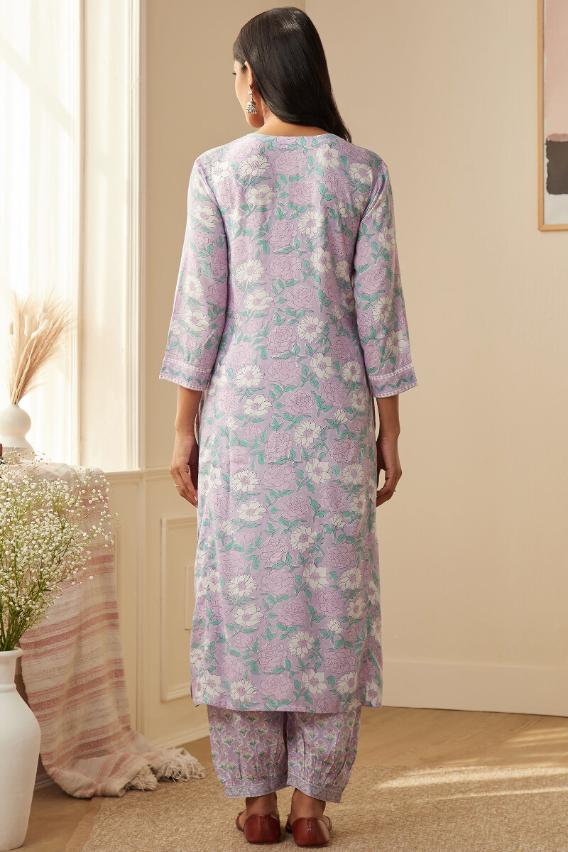 Purple Hand Block-Printed Straight Viscose Kurta