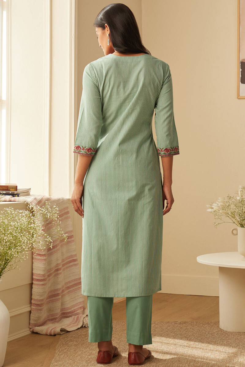 Green Handcrafted Straight Cotton Kurta