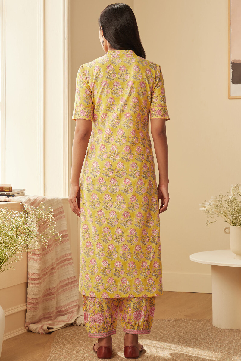 Yellow Hand Block-Printed Straight Cotton Kurta