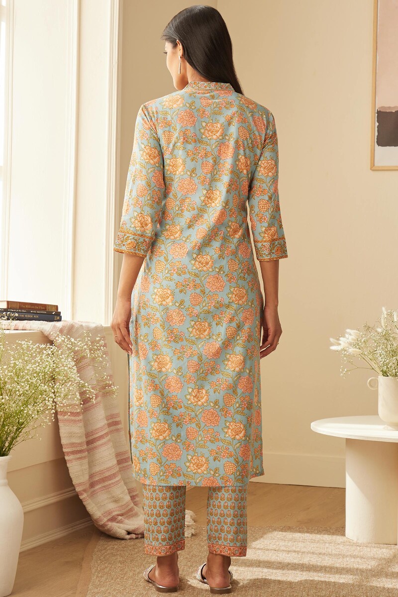 Blue Hand Printed Straight Viscose Kurta