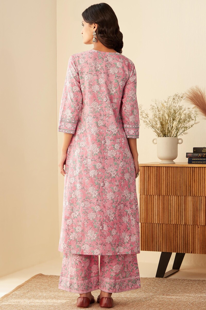 Pink Hand Block-Printed Straight Cotton Kurta