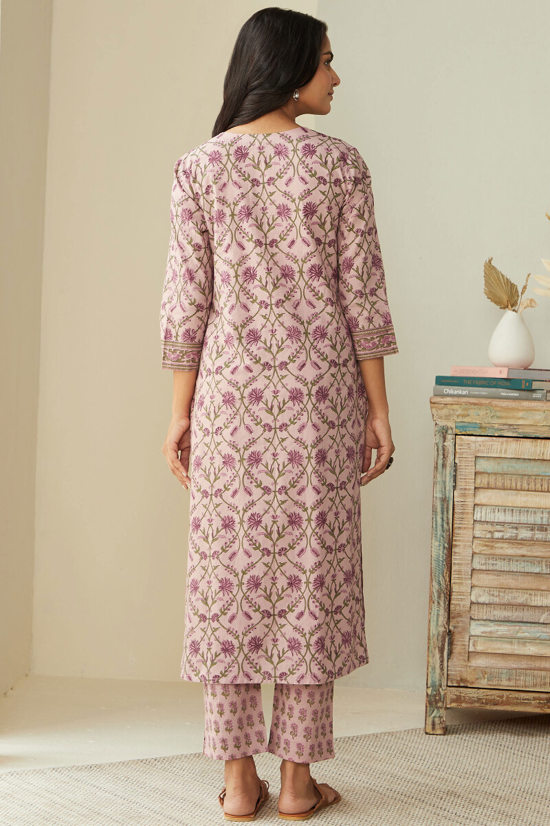 Pink Hand Block-Printed Straight Cotton Kurta