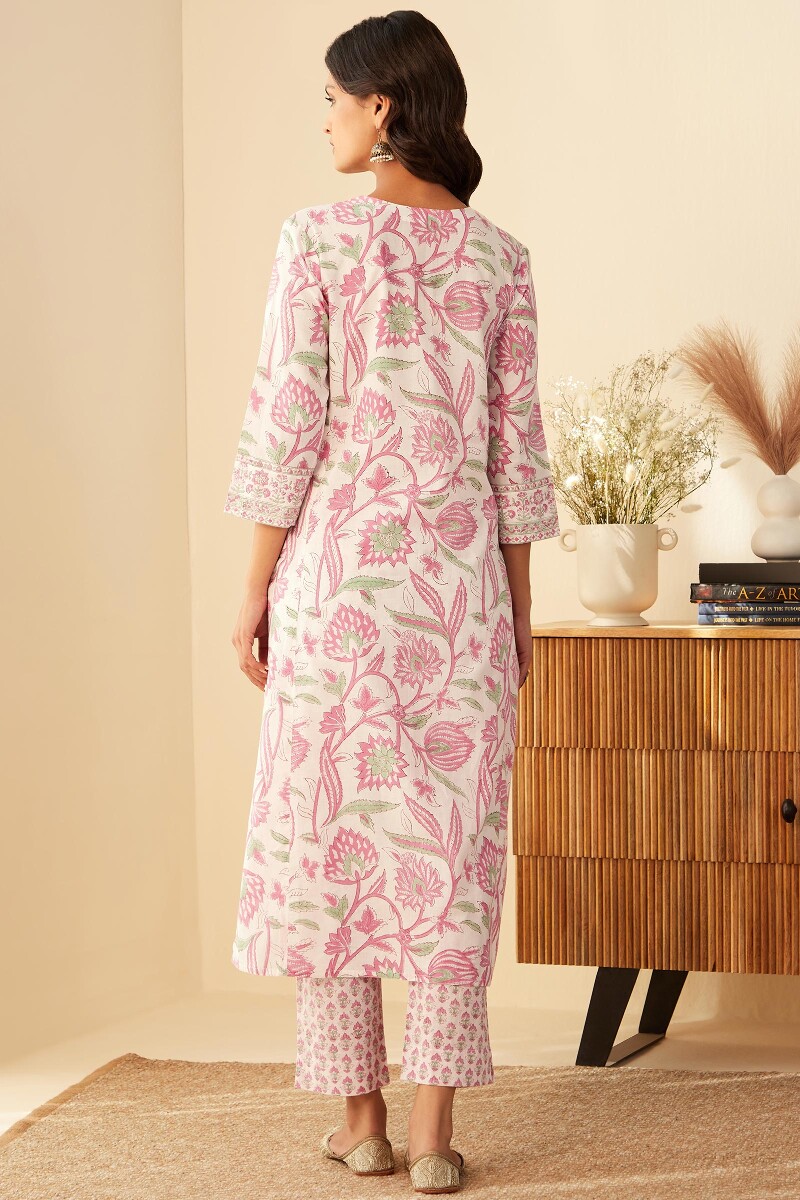 White Hand Block-Printed Straight Cotton Kurta