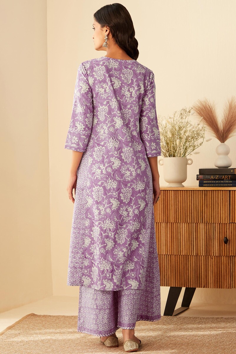 Purple Hand Block-Printed Straight Cotton Kurta