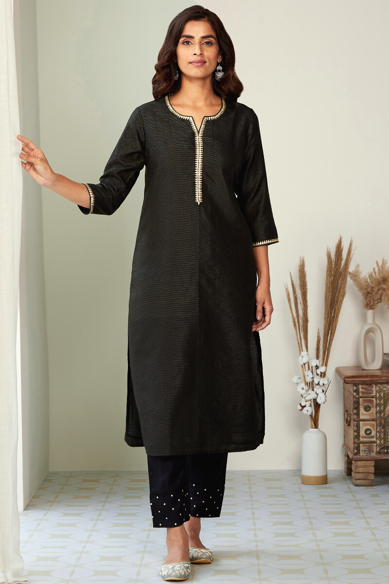 Black Handcrafted Straight Chanderi Kurta