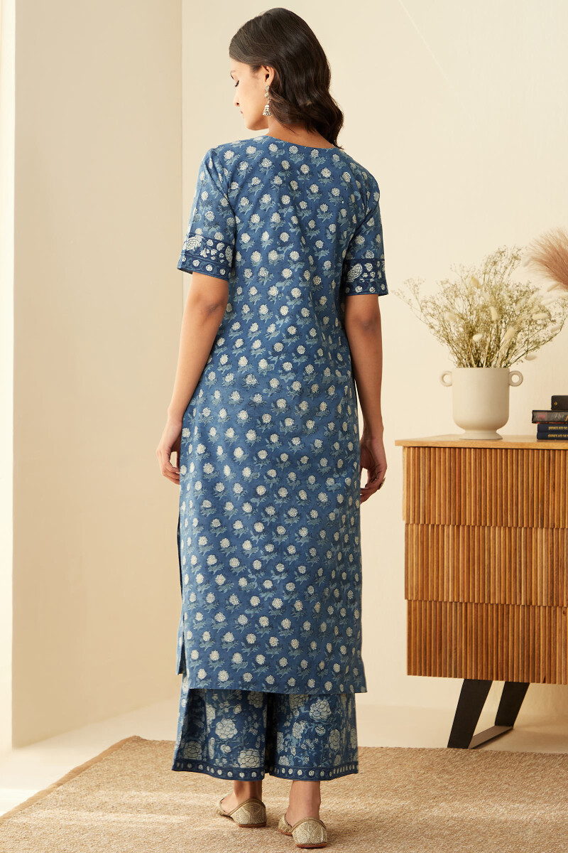 Indigo Hand Block-Printed Straight Cotton Kurta