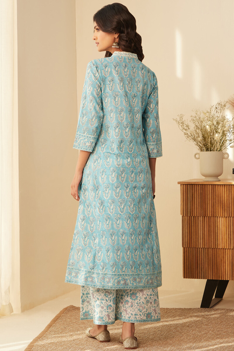 Blue Hand Block-Printed Straight Cotton Slub Kurta