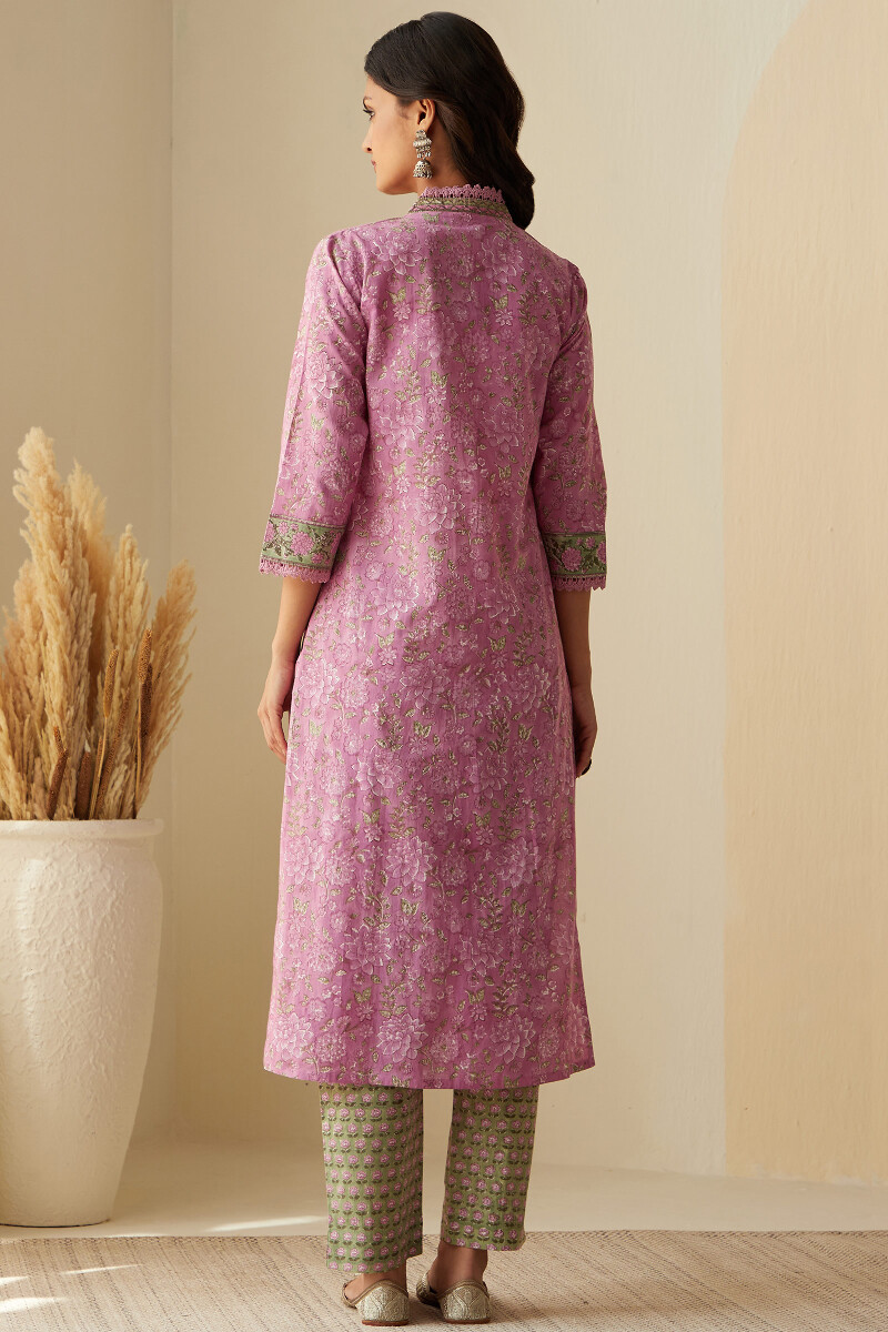 Pink Hand Block-Printed Straight Cotton Kurta