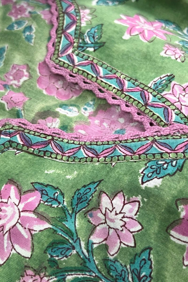 Green Hand Block-Printed Straight Cotton Kurta