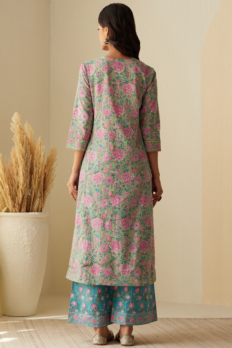 Green Hand Block-Printed Straight Cotton Kurta