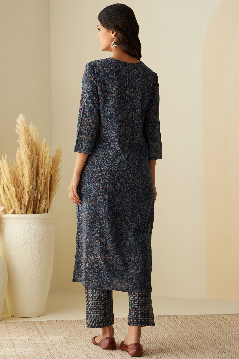 Akola Hand Block-Printed Straight Cotton Dobby Kurta