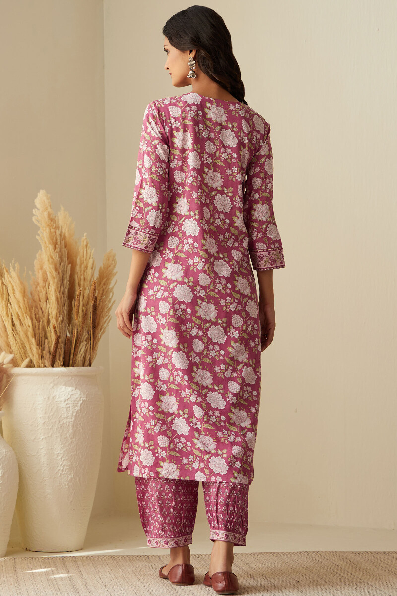 Pink Hand Printed Straight Viscose Kurta