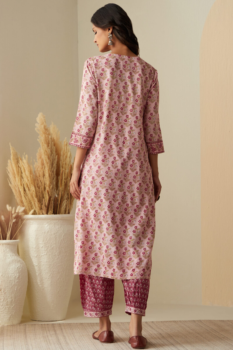 Pink Hand Printed Straight Viscose Kurta