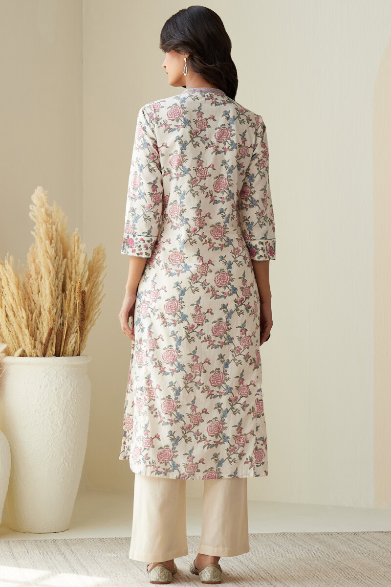 Off-White Hand Block-Printed Straight Cotton Kurta