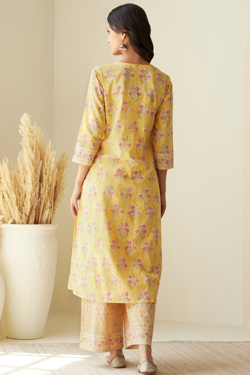 Yellow Hand Block-Printed Straight Cotton Slub Kurta