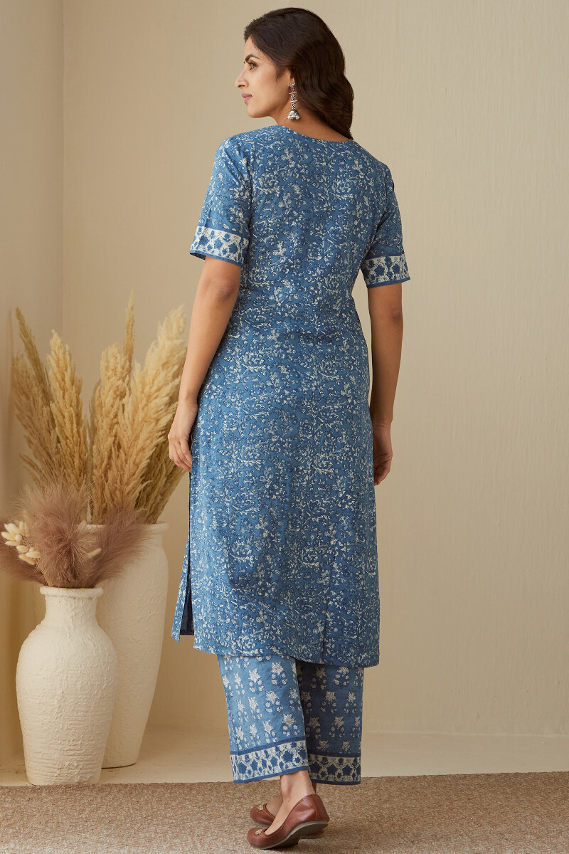 Indigo Hand Block-Printed Straight Cotton Kurta