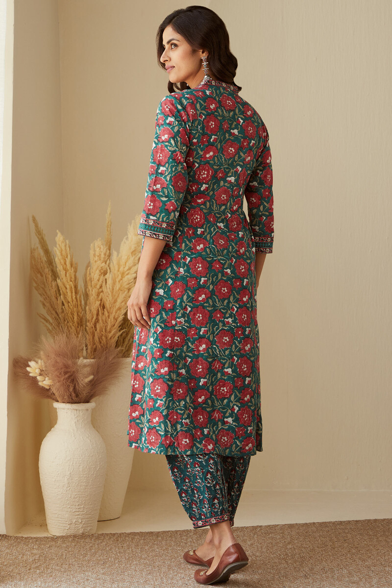 Green Hand Block-Printed A-Line Cotton Kurta