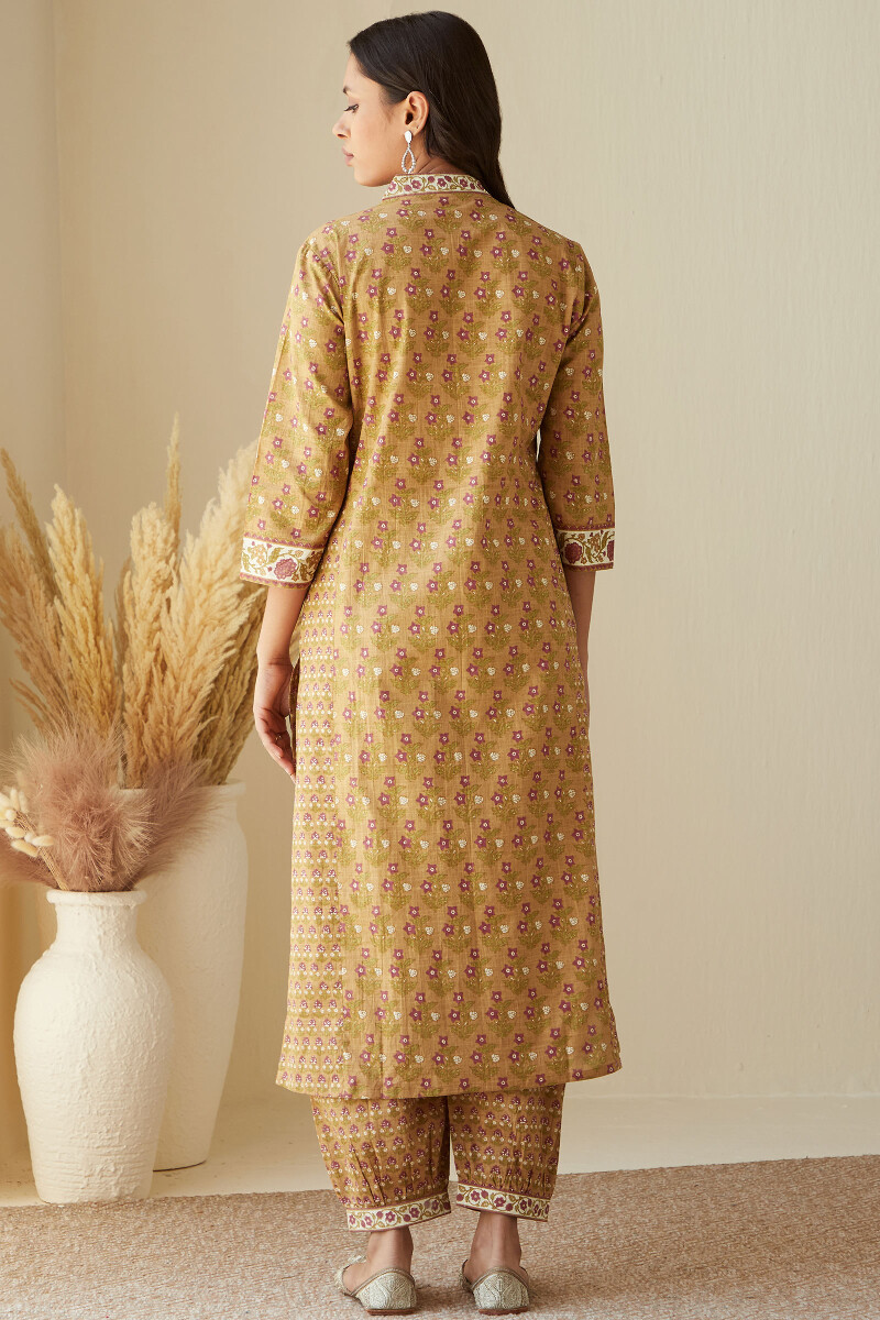 Mustard Hand Printed Straight Cotton Slub Kurta