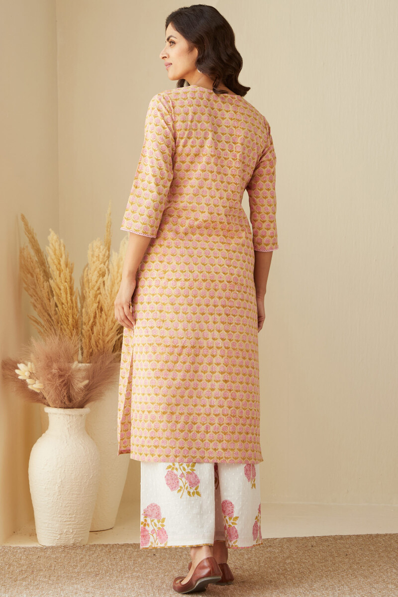 Beige Hand Block-Printed. Straight Cotton Dobby Kurta