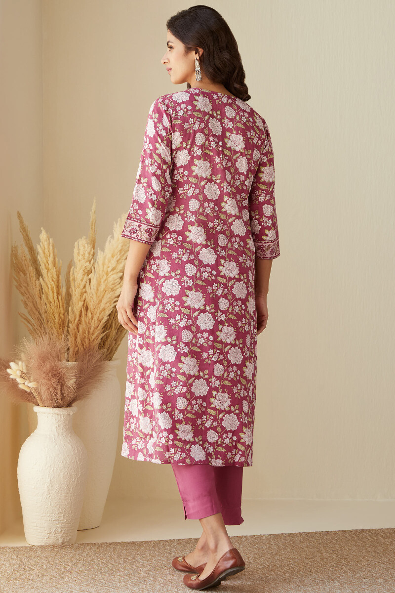 Pink Hand Printed Straight Viscose Kurta