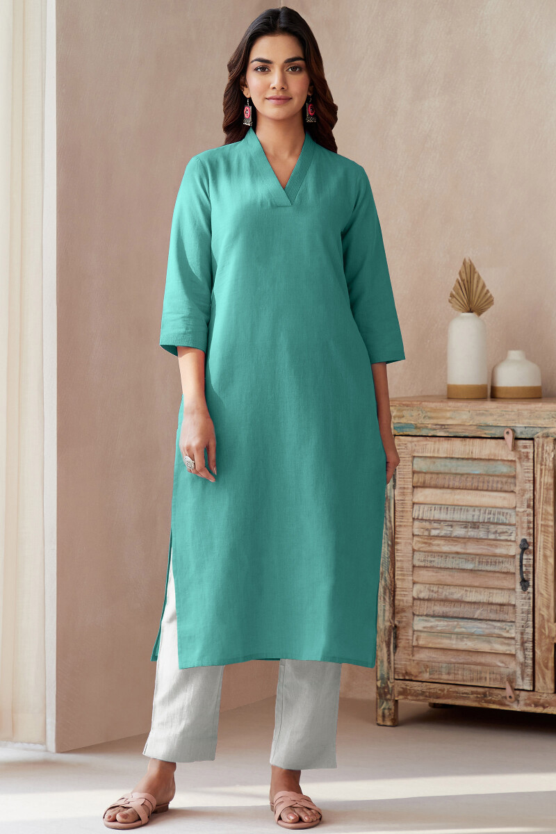 Turquoise Handcrafted Straight Cotton Flax Kurta