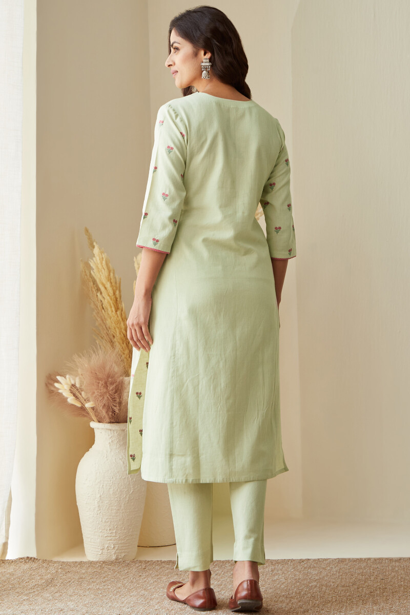 Green Handcrafted Straight Cotton Flax Kurta