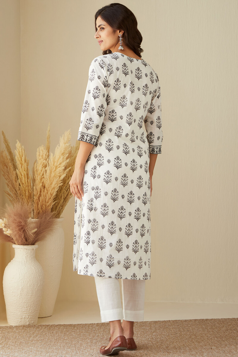 White Hand-Printed Straight Cotton Slub Kurta