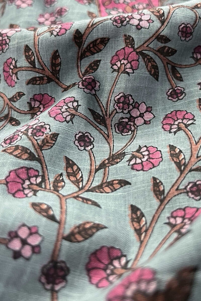 Blue Hand Printed Straight Cotton Slub Kurta