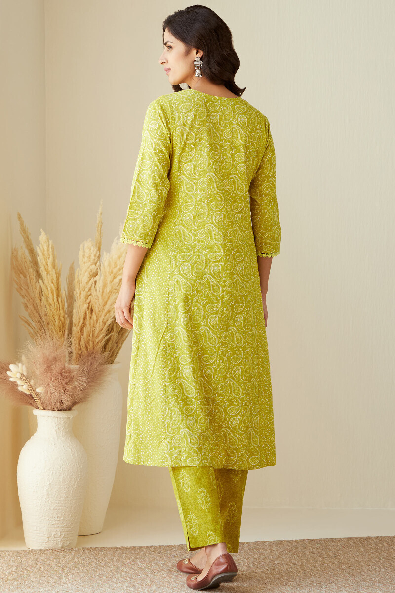Green Hand Printed A-Line Cotton Kurta