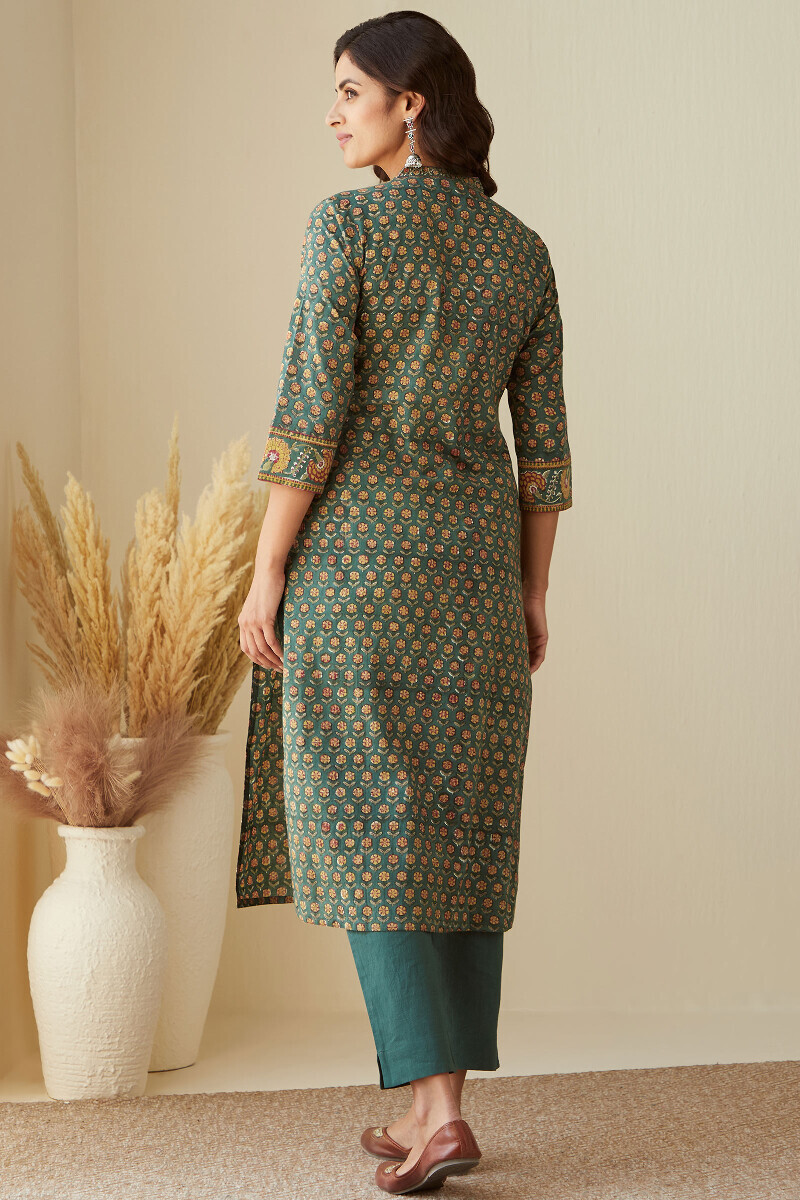 Green Hand Block-Printed Straight Cotton Kurta