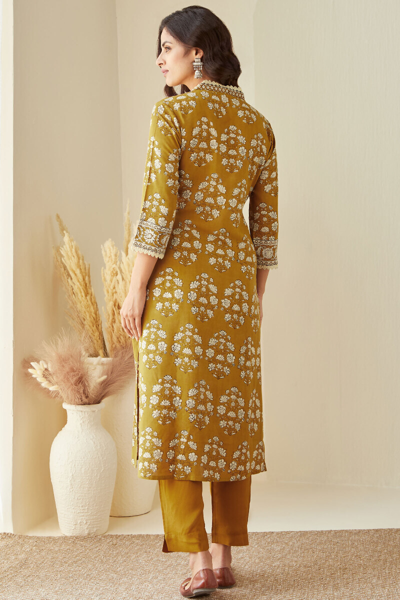Mustard Hand Block-Printed Straight Viscose Kurta