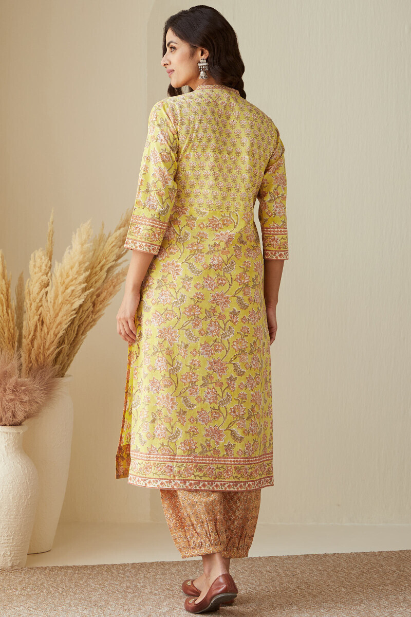 Yellow Hand Block-Printed Straight Cotton Slub Kurta