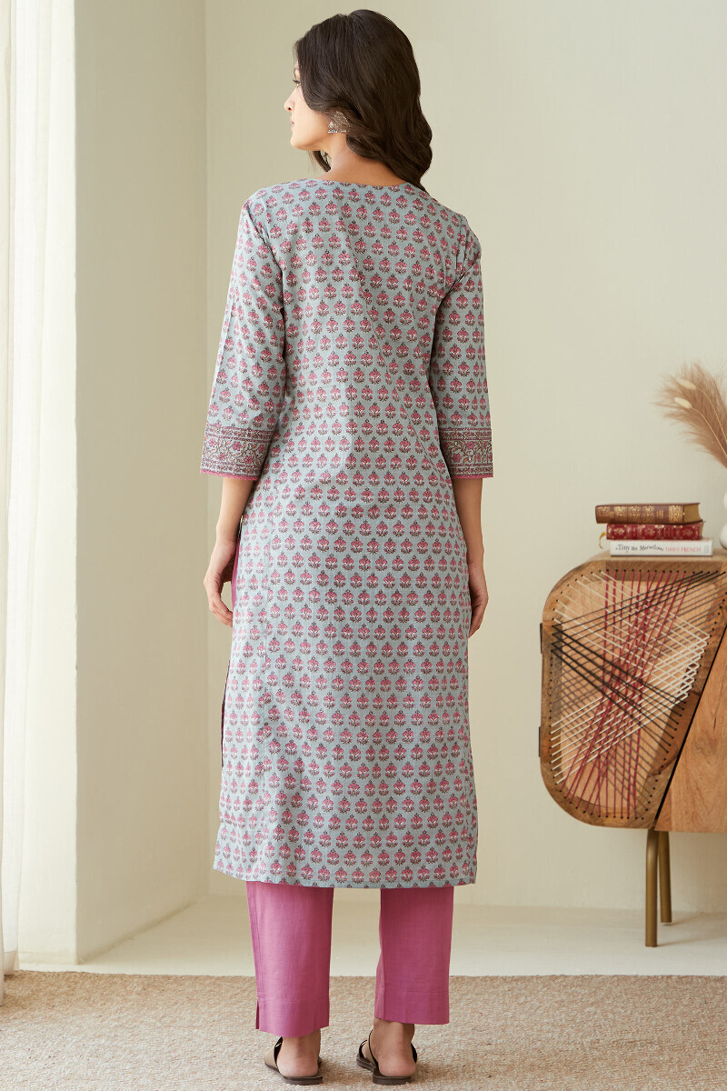 Blue Hand Printed Straight Cotton Slub Kurta