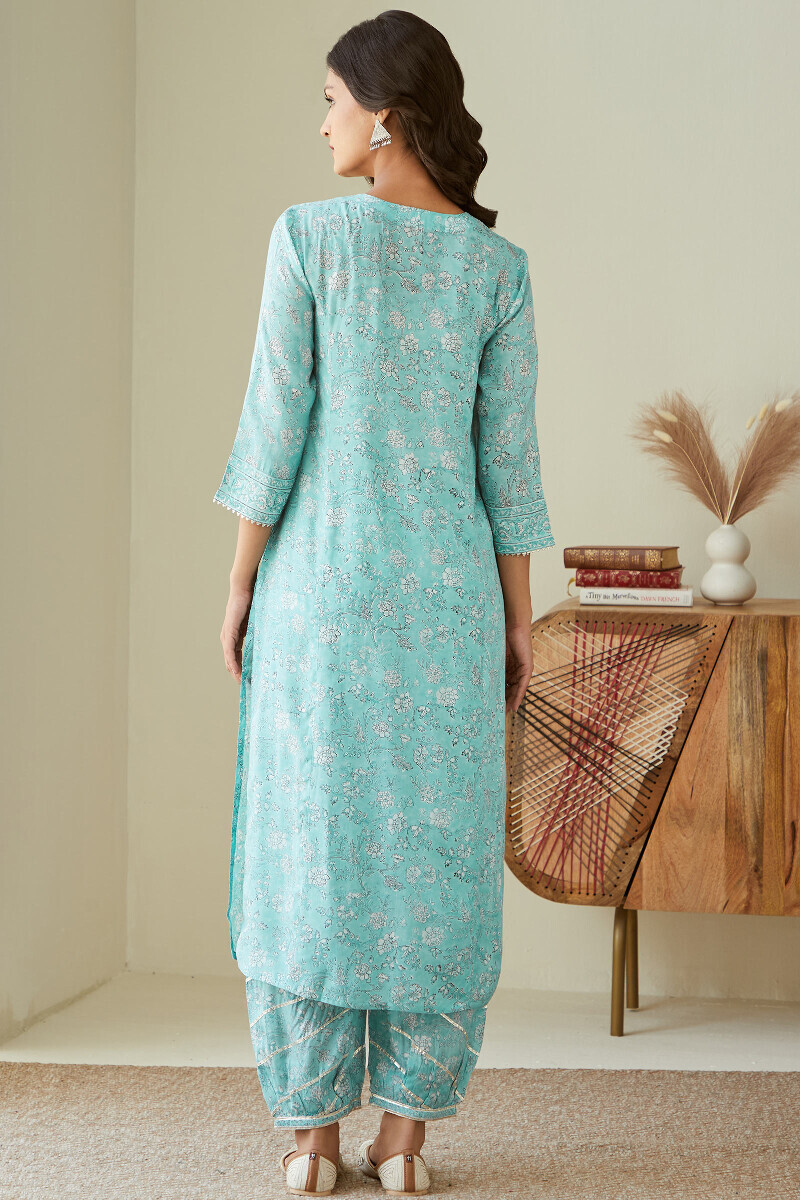 Blue Hand Block-Printed Straight Viscose Kurta