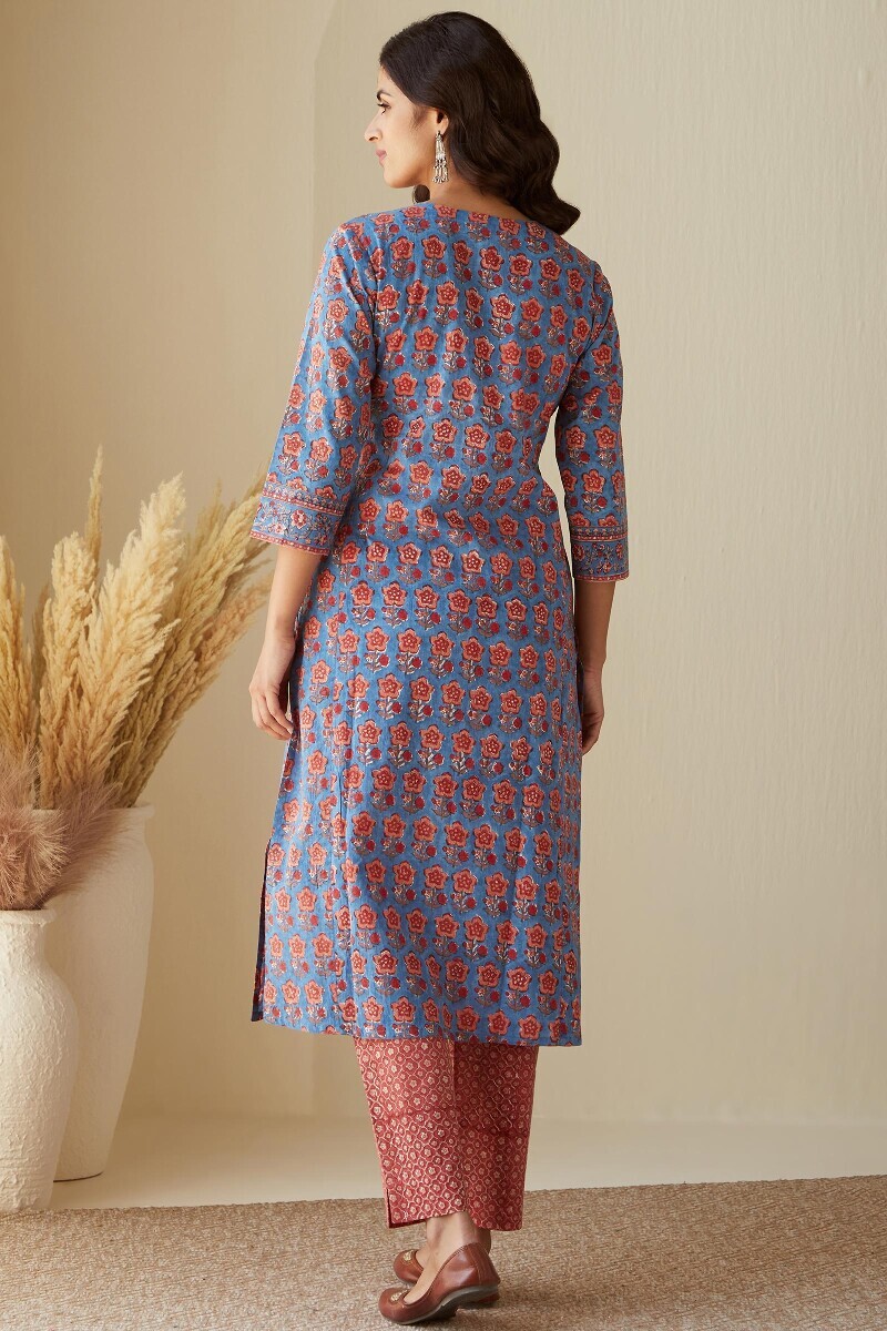 Blue Hand Block-Printed Straight Cotton Kurta