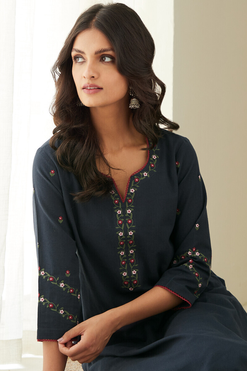 Blue Handcrafted Straight Cotton Flax Kurta
