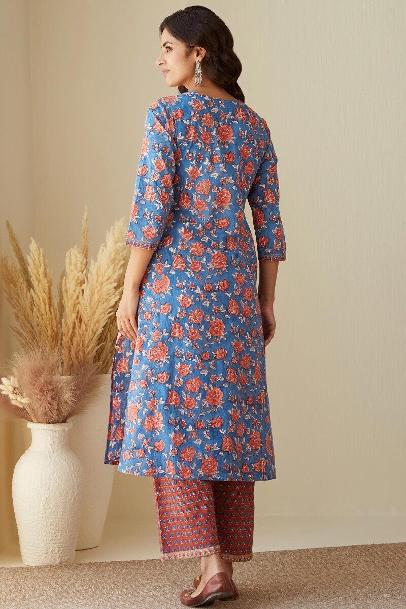 Blue Hand Block-Printed Straight Cotton Kurta