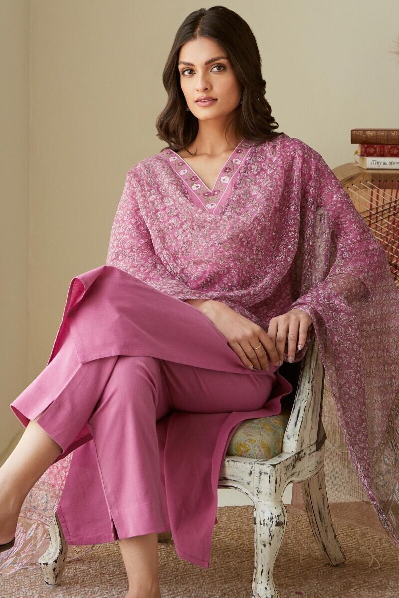 Pink Handcrafted Straight Cotton Flax Kurta
