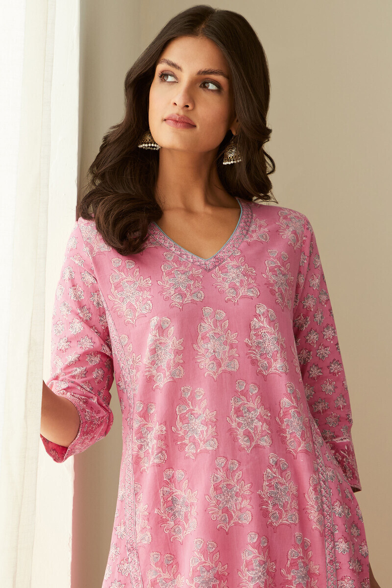 Pink Hand Block-Printed Straight Cotton Kurta